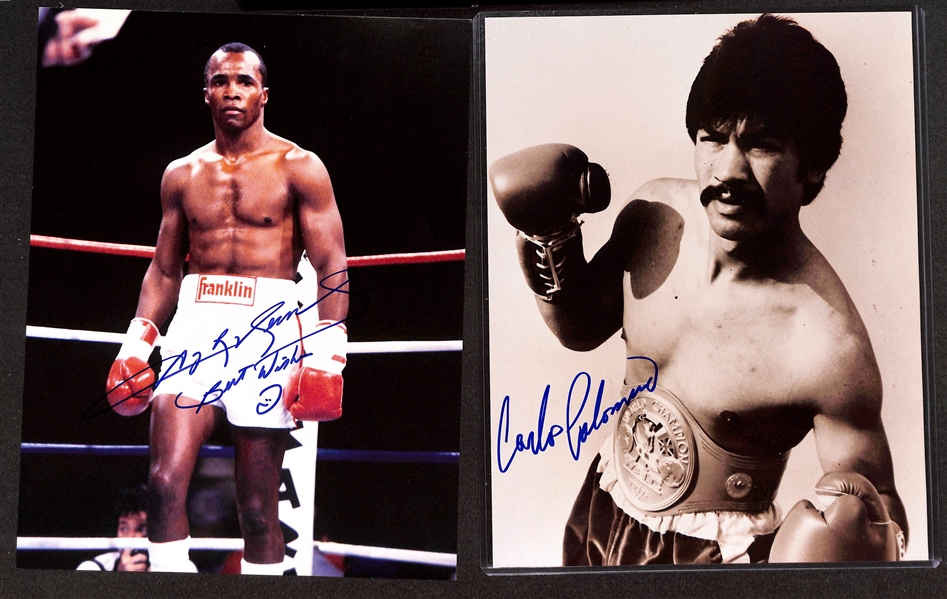 (3) Signed Sugar Ray Leonard & (1) Signed Carlos Palomino Photos (JSA Auction Letter)