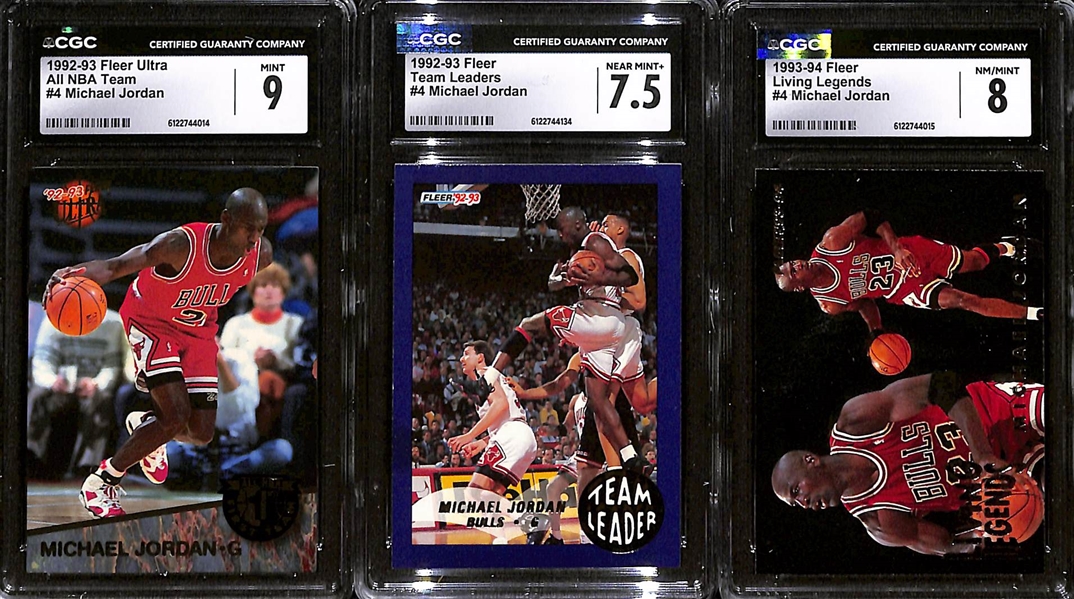 Lot of (3) Fleer Michael Jordan Graded Cards - 1992 Ultra All NBA Team (CGC 9), 1992 Fleer Team Leaders (CGC 7.5), 1993 Fleer Living Legends (CGC 8)
