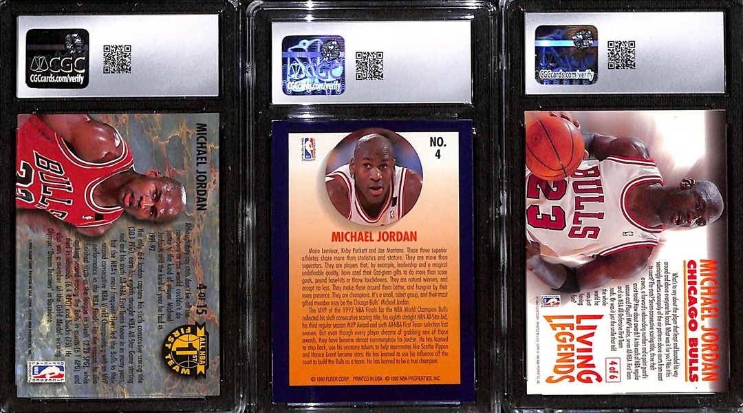 Lot of (3) Fleer Michael Jordan Graded Cards - 1992 Ultra All NBA Team (CGC 9), 1992 Fleer Team Leaders (CGC 7.5), 1993 Fleer Living Legends (CGC 8)