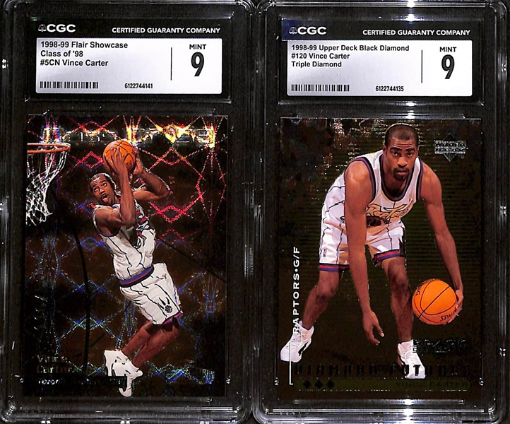Lot of (2) 1998-99 Vince Carter Rookie Basketball Cards 1998 Flair Showcase Class of '98 (CGC 9) & 1998 Black Diamond Triple Diamond Insert (CGC 9)