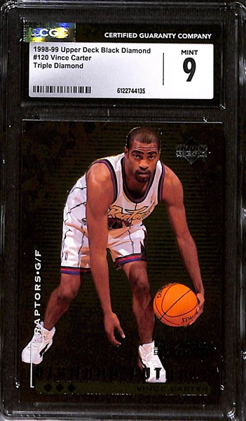 Lot of (2) 1998-99 Vince Carter Rookie Basketball Cards 1998 Flair Showcase Class of '98 (CGC 9) & 1998 Black Diamond Triple Diamond Insert (CGC 9)