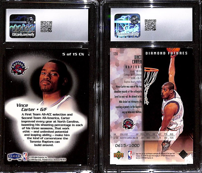 Lot of (2) 1998-99 Vince Carter Rookie Basketball Cards 1998 Flair Showcase Class of '98 (CGC 9) & 1998 Black Diamond Triple Diamond Insert (CGC 9)
