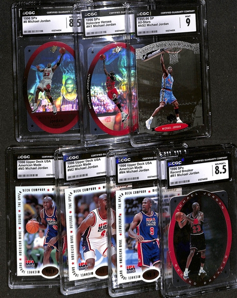 Lot of (7) CGC Graded 1995-96 Upper Deck Michael Jordan Basketball Cards w. 1995-96 SP All-Stars #AS2 CGC 9