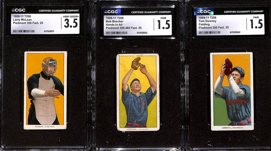 (3) 1909-11 T206 Cincinnati Reds Tobacco Cards - McLean (CGC 3.5), Bescher - Hands in Air (CGC 1.5), Downey - Fielding (CGC 1.5)