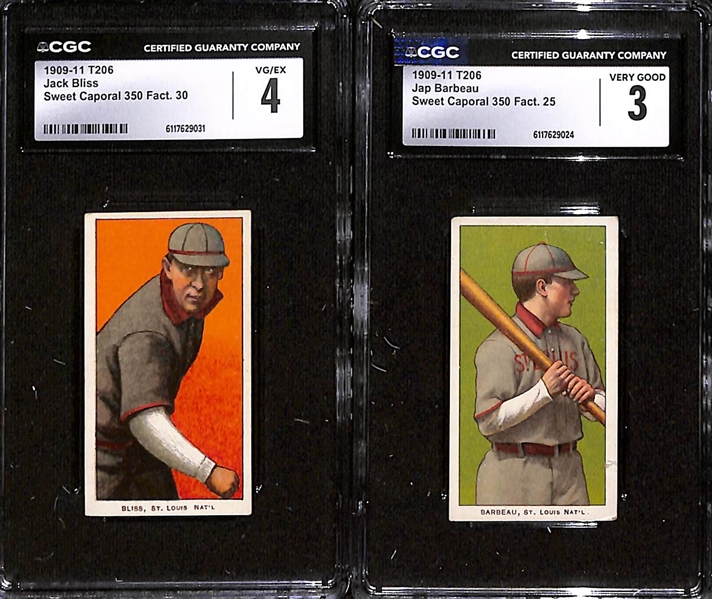 (2) 1909-11 T206 St. Louis Cardinals Tobacco Cards - Jack Bliss (CGC 4), Jap Barbeau (CGC 3)