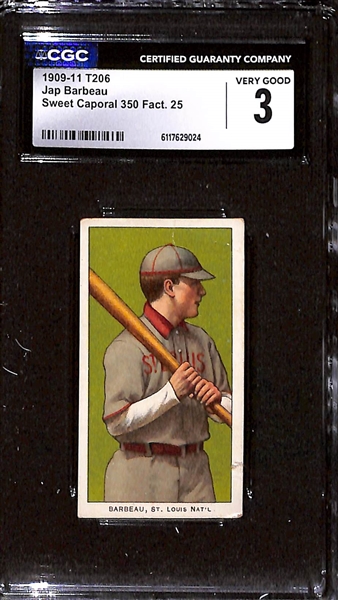 (2) 1909-11 T206 St. Louis Cardinals Tobacco Cards - Jack Bliss (CGC 4), Jap Barbeau (CGC 3)