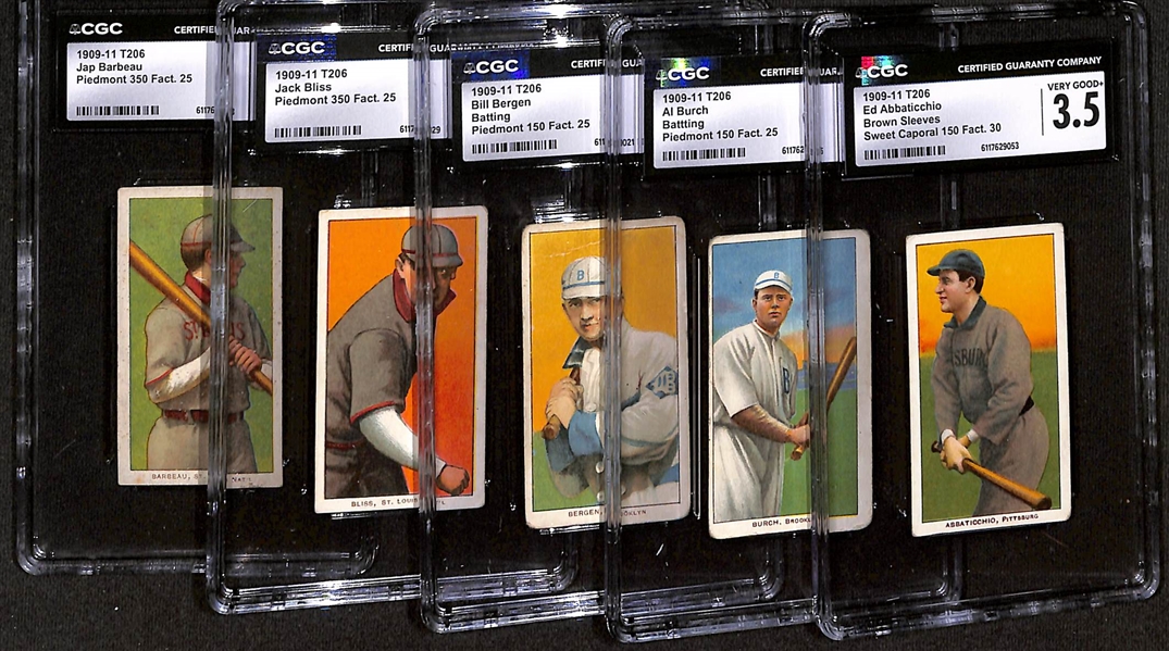 (5) 1909-11 T206 Tobacco Cards - Ed Abbaticchio - Brown Sleeves (CGC 3.5), Burch - Batting (CGC 2), Bergen - Batting (CGC 1), Jack Bliss (CGC 2), Barbeau (CGC 1.5) 