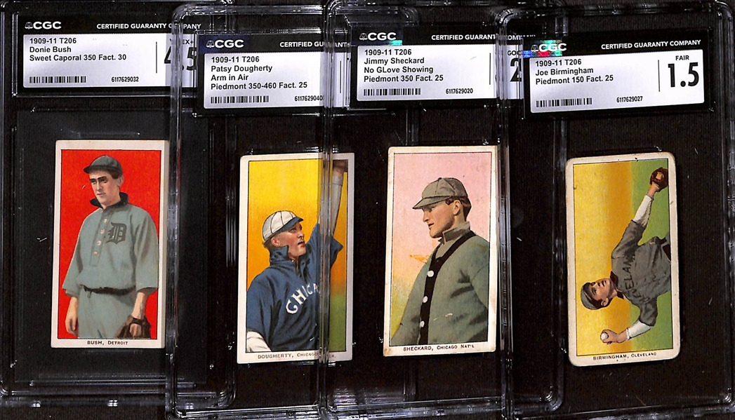 (4) 1909-11 T206 Tobacco Cards - Donie Bush (CGC 4.5), P. Dougherty - Arm in Air (CGC 3), Jimmy Sheckard (CGC 2), Joe Birmingham - Horizontal In-Action Pose (CGC 1.5) 