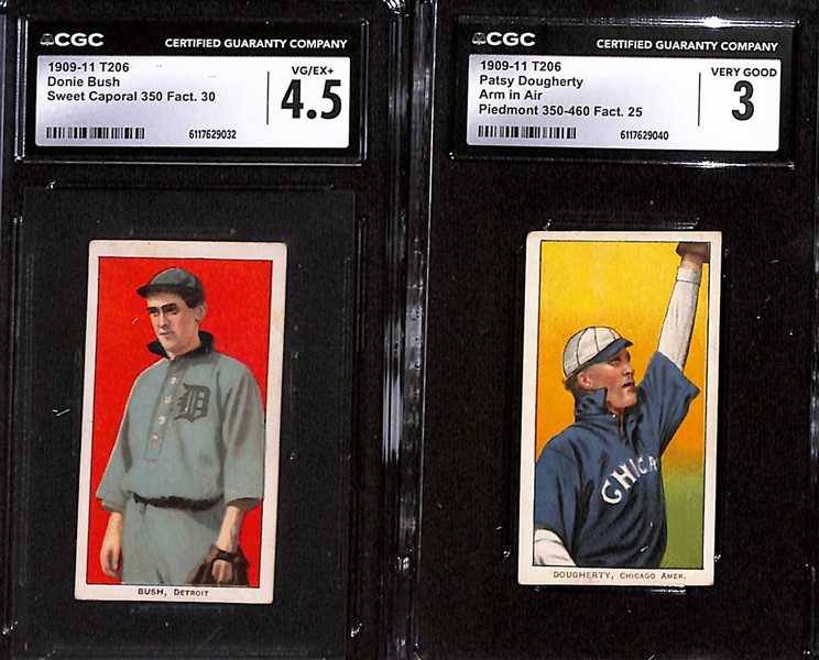 (4) 1909-11 T206 Tobacco Cards - Donie Bush (CGC 4.5), P. Dougherty - Arm in Air (CGC 3), Jimmy Sheckard (CGC 2), Joe Birmingham - Horizontal In-Action Pose (CGC 1.5) 