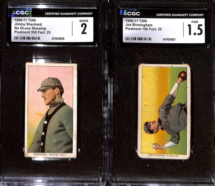 (4) 1909-11 T206 Tobacco Cards - Donie Bush (CGC 4.5), P. Dougherty - Arm in Air (CGC 3), Jimmy Sheckard (CGC 2), Joe Birmingham - Horizontal In-Action Pose (CGC 1.5) 