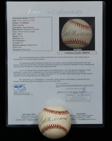 Ted Williams Signed Official Rawlings American League Baseball (Full JSA Letter of Authenticity)