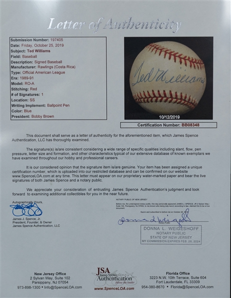 Ted Williams Signed Official Rawlings American League Baseball (Full JSA Letter of Authenticity)