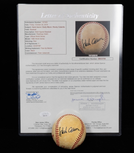 Hank Aaron, Rocky Colavito, Early Wynn Signed Official Rawlings 1986 World Series Baseball (Full JSA Letter of Authenticity)