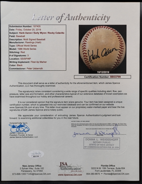 Hank Aaron, Rocky Colavito, Early Wynn Signed Official Rawlings 1986 World Series Baseball (Full JSA Letter of Authenticity)