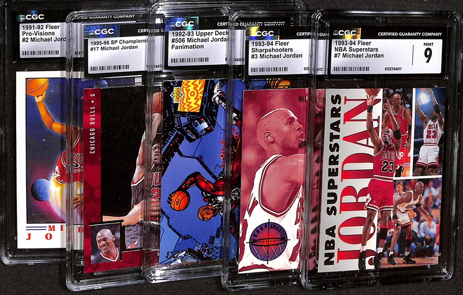 Lot of (5) 1991-96 CGC Graded Michael Jordan Basketball Cards w. 1993-94 Fleer NBA Superstars #7 CGC 9