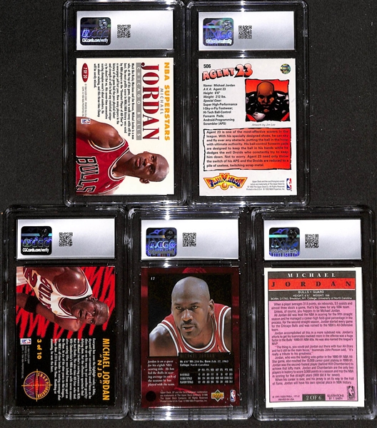 Lot of (5) 1991-96 CGC Graded Michael Jordan Basketball Cards w. 1993-94 Fleer NBA Superstars #7 CGC 9