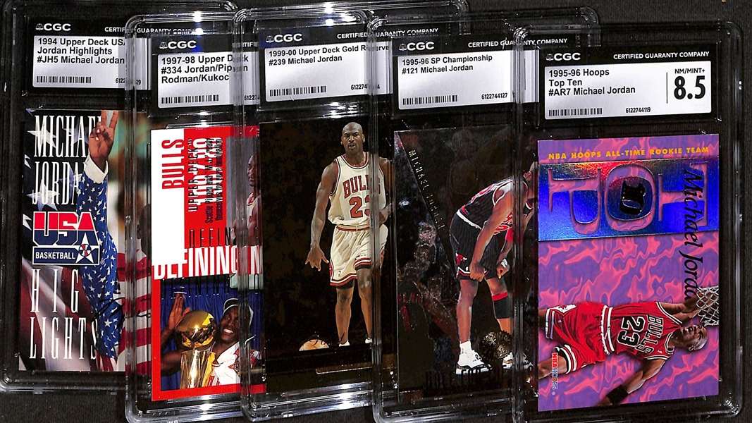 Lot of (5) 1994-2000 CGC Graded Michael Jordan Basketball Cards w. 1995-96 Hoops Top Ten #AR7 CGC 8.5