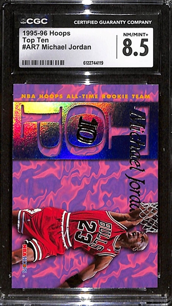 Lot of (5) 1994-2000 CGC Graded Michael Jordan Basketball Cards w. 1995-96 Hoops Top Ten #AR7 CGC 8.5