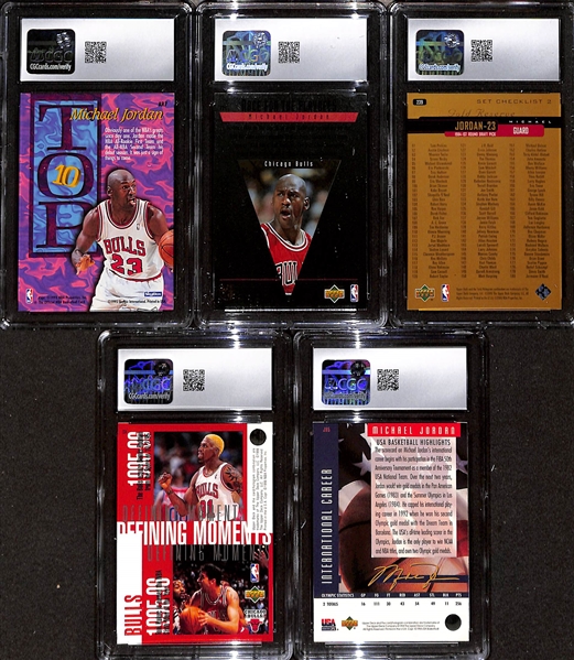 Lot of (5) 1994-2000 CGC Graded Michael Jordan Basketball Cards w. 1995-96 Hoops Top Ten #AR7 CGC 8.5
