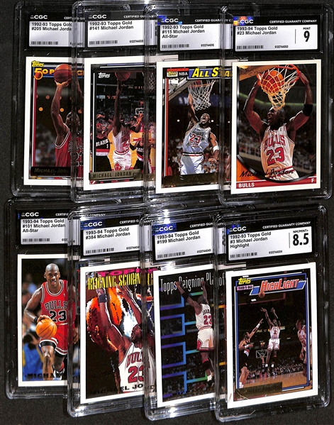 Lot of (8) 1992-94 Topps Gold CGC Graded Michael Jordan Basketball Cards w. a 1993-94 Topps Gold #23 CGC 9 & 1992-93 Topps Gold #115 All-Star CGC 9