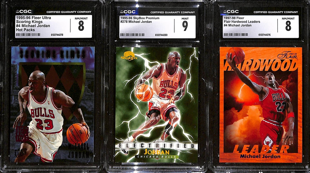 Lot of (3) CGC Graded Michael Jordan Cards w. 1995-96 Fleer Ultra Scoring Kings #4 Hot Pack CGC 8