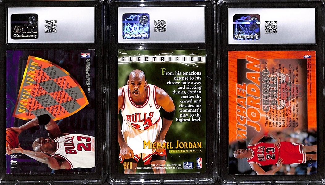Lot of (3) CGC Graded Michael Jordan Cards w. 1995-96 Fleer Ultra Scoring Kings #4 Hot Pack CGC 8