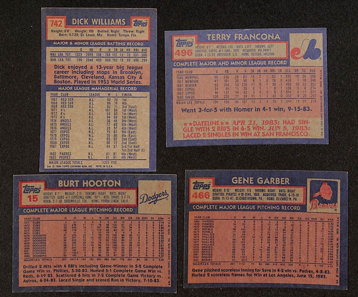Lot of 100+ 1984 Topps Baseball Cards w. D. Williams, Francona, Hooton, Garber, + (JSA Auction Letter)