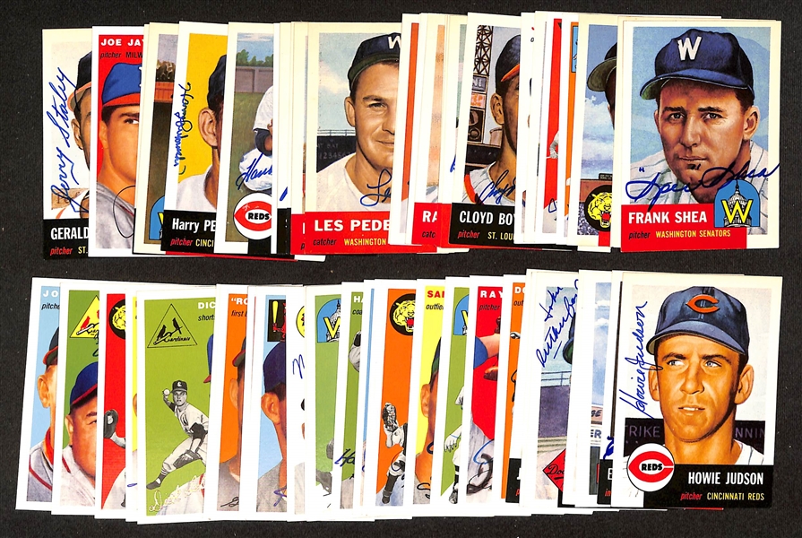 50+ Signed Topps Archives 1953-54 Reprint Baseball Cards w. Shea, Dropo, Raffensberger, Rivera, Rhodes, Jay, Hemus, + (JSA Auction Letter)