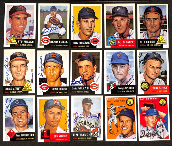 50+ Signed Topps Archives 1953-54 Reprint Baseball Cards w. Shea, Dropo, Raffensberger, Rivera, Rhodes, Jay, Hemus, + (JSA Auction Letter)