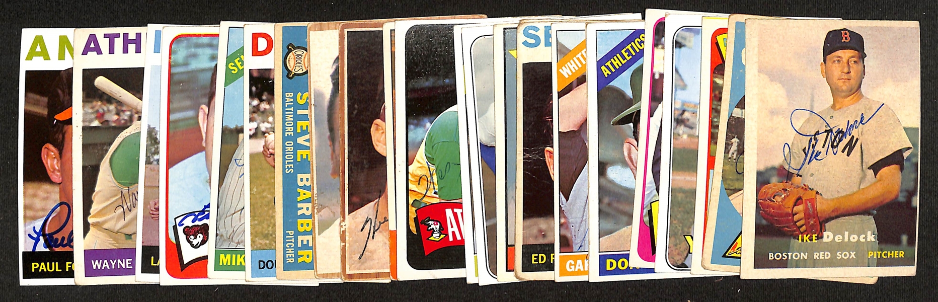 24 Signed 1957-1969 Topps Baseball Cards w. 1957 Delock, 1959 Broglio, 1965 D. Knowles, 1969 Roy White, 1965 Bob Friend, 1966 Mossi, 1960 Dick Hall, 1966 Gary Peters, 1964 Ed Roebuck, + (JSA...
