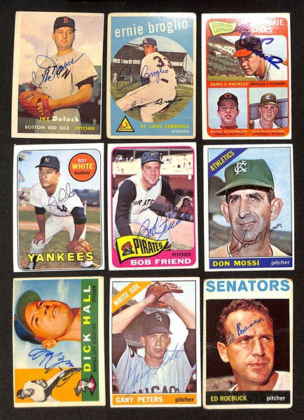 24 Signed 1957-1969 Topps Baseball Cards w. 1957 Delock, 1959 Broglio, 1965 D. Knowles, 1969 Roy White, 1965 Bob Friend, 1966 Mossi, 1960 Dick Hall, 1966 Gary Peters, 1964 Ed Roebuck, + (JSA...