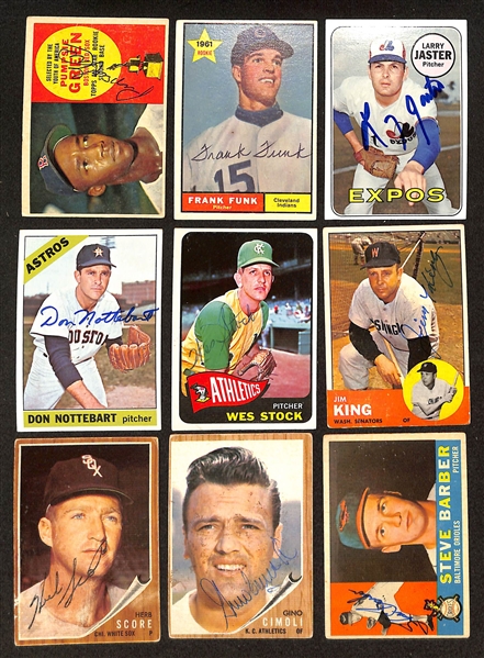 24 Signed 1957-1969 Topps Baseball Cards w. 1957 Delock, 1959 Broglio, 1965 D. Knowles, 1969 Roy White, 1965 Bob Friend, 1966 Mossi, 1960 Dick Hall, 1966 Gary Peters, 1964 Ed Roebuck, + (JSA...