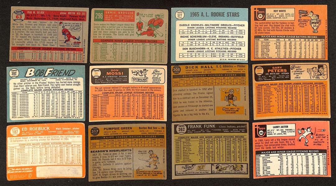 24 Signed 1957-1969 Topps Baseball Cards w. 1957 Delock, 1959 Broglio, 1965 D. Knowles, 1969 Roy White, 1965 Bob Friend, 1966 Mossi, 1960 Dick Hall, 1966 Gary Peters, 1964 Ed Roebuck, + (JSA...