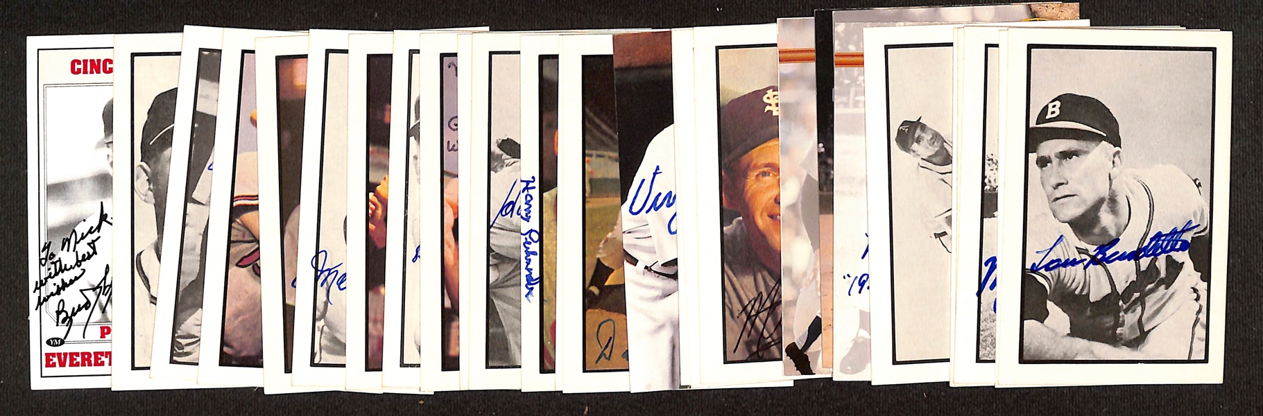 30 Signed Old-Timer Baseball Cards w. Burdette, Floyd Baker, Batts, Nuxhall, Smalley, Suder, Shantz, Face, Lopat, Noren, Bridges, Wills, Marion, Ray Boone, Parnell, + (JSA Auction Letter)