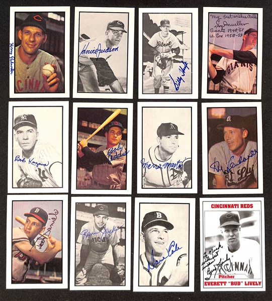 30 Signed Old-Timer Baseball Cards w. Burdette, Floyd Baker, Batts, Nuxhall, Smalley, Suder, Shantz, Face, Lopat, Noren, Bridges, Wills, Marion, Ray Boone, Parnell, + (JSA Auction Letter)