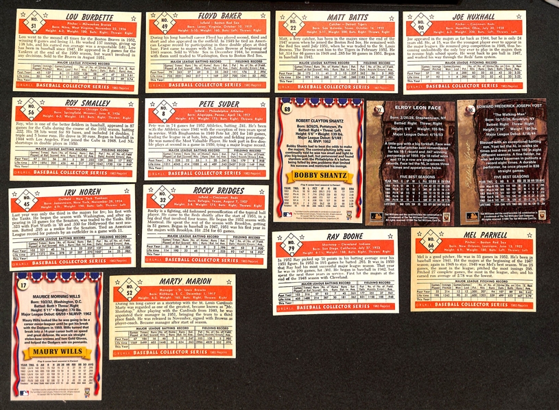 30 Signed Old-Timer Baseball Cards w. Burdette, Floyd Baker, Batts, Nuxhall, Smalley, Suder, Shantz, Face, Lopat, Noren, Bridges, Wills, Marion, Ray Boone, Parnell, + (JSA Auction Letter)