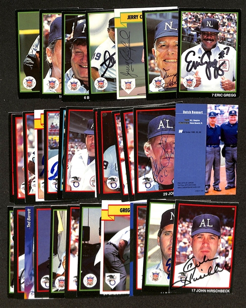 32 Signed Umpire Cards - Inc. Many Legends - Eric Gregg, Doug Harvey, Jerry Crawford, Terry Tata, Bruce Froemming, Dutch Rennert, Dana Demuth, + (JSA Auction Letter)
