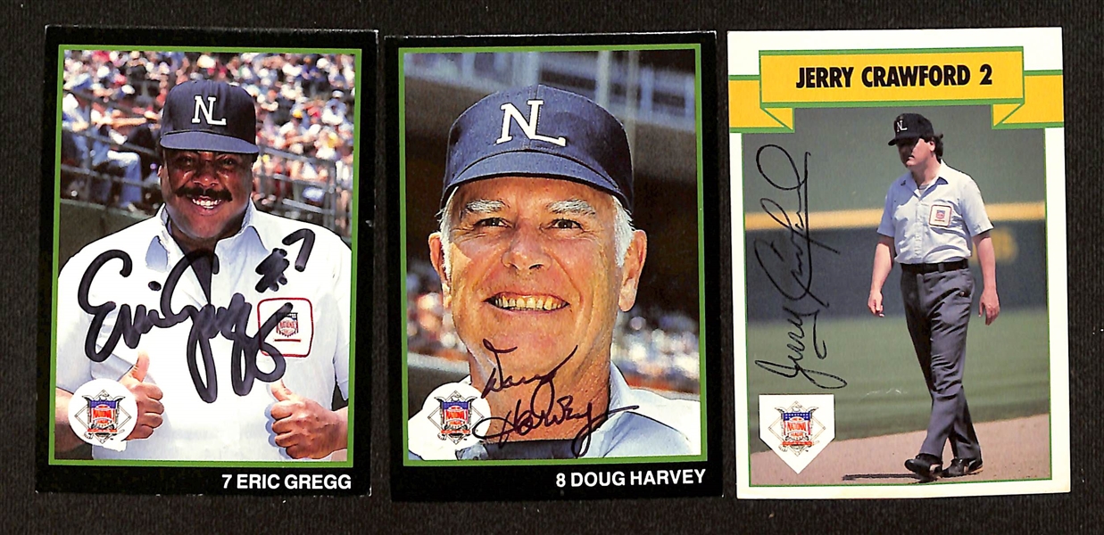 32 Signed Umpire Cards - Inc. Many Legends - Eric Gregg, Doug Harvey, Jerry Crawford, Terry Tata, Bruce Froemming, Dutch Rennert, Dana Demuth, + (JSA Auction Letter)