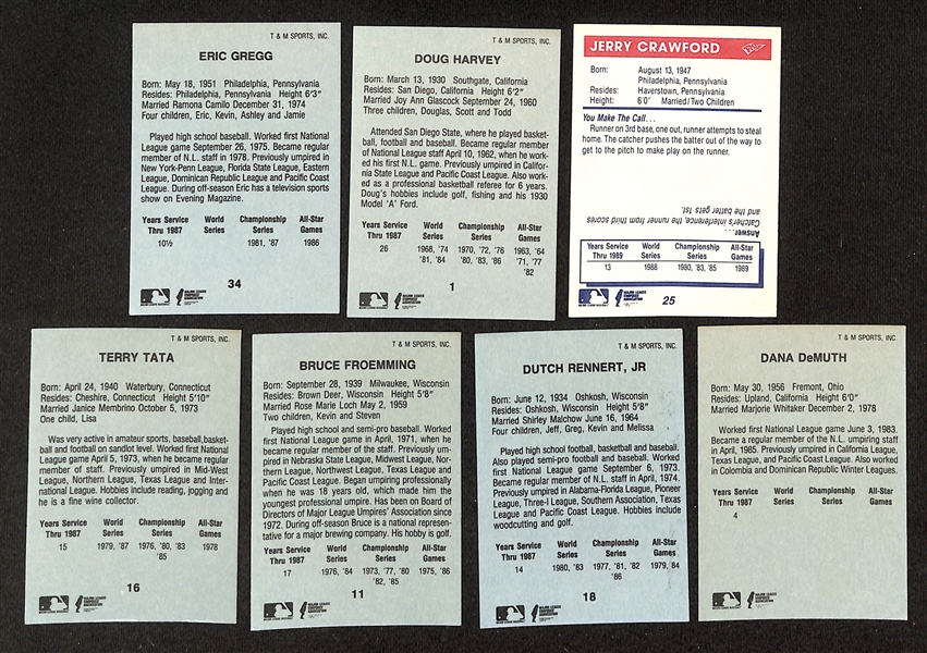 32 Signed Umpire Cards - Inc. Many Legends - Eric Gregg, Doug Harvey, Jerry Crawford, Terry Tata, Bruce Froemming, Dutch Rennert, Dana Demuth, + (JSA Auction Letter)