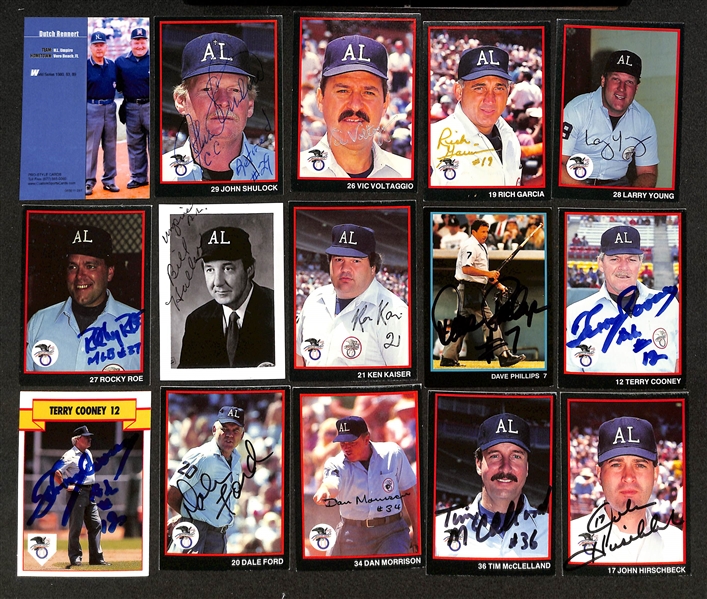 32 Signed Umpire Cards - Inc. Many Legends - Eric Gregg, Doug Harvey, Jerry Crawford, Terry Tata, Bruce Froemming, Dutch Rennert, Dana Demuth, + (JSA Auction Letter)
