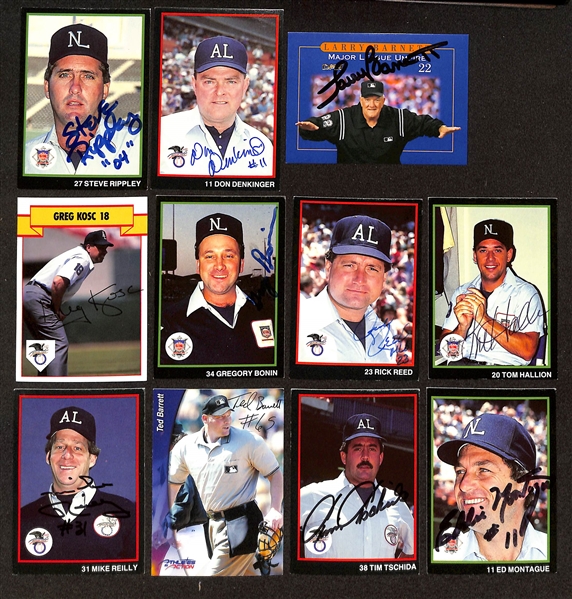32 Signed Umpire Cards - Inc. Many Legends - Eric Gregg, Doug Harvey, Jerry Crawford, Terry Tata, Bruce Froemming, Dutch Rennert, Dana Demuth, + (JSA Auction Letter)