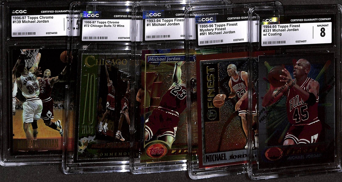 Lot of (5) 1993-95 Topps CGC Graded Michael Jordan Basketball Cards w. 1994-95 Topps Finest #331 w.Coating CGC 8