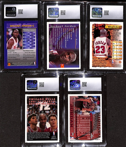 Lot of (5) 1993-95 Topps CGC Graded Michael Jordan Basketball Cards w. 1994-95 Topps Finest #331 w.Coating CGC 8