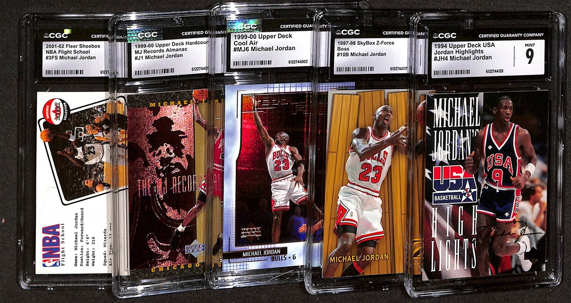 Lot of (5) 1994-2002 CGC Graded Michael Jordan Basketball Cards w. 1997-98 SkyBox Z-Force Boss #10B CGC 9