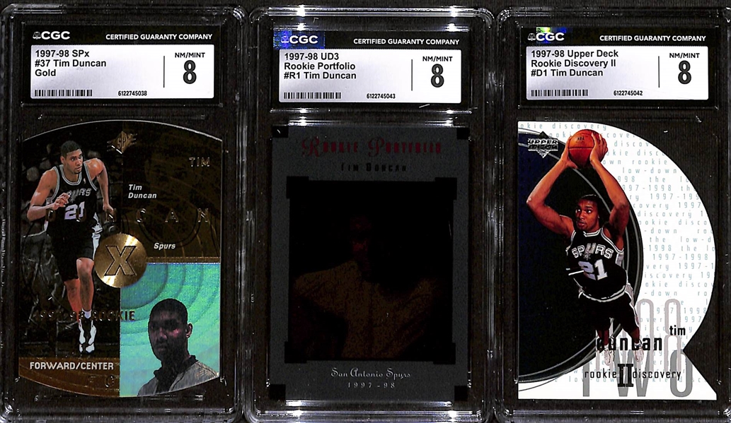 Lot of (3) 1997-98 Upper Deck Tim Duncan Rookie Cards CGC Graded 8 Basketball Cards w. 1997-98 SPx Gold #37 CGC 8