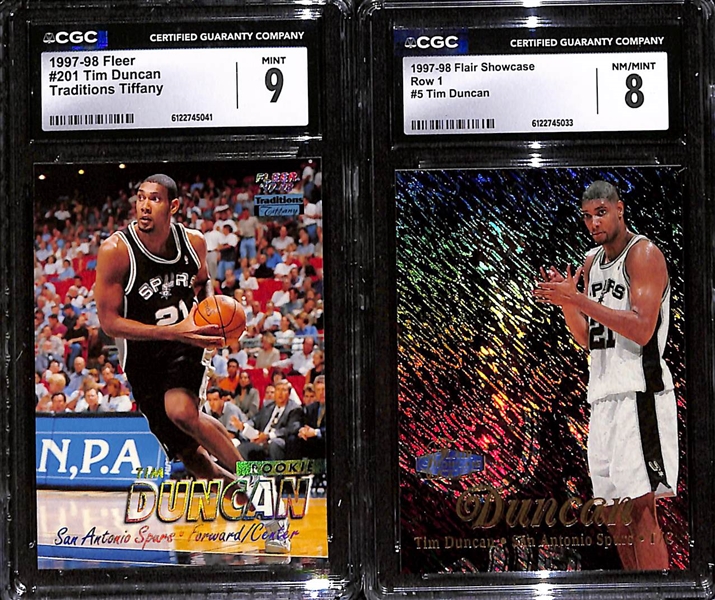 1997-98 Fleer Traditions Tiffany Tim Duncan Rookie Card CGC 9 & 1997-98 Flair Showcase Row 1 Tim Duncan Rookie Card CGC 8