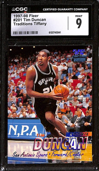 1997-98 Fleer Traditions Tiffany Tim Duncan Rookie Card CGC 9 & 1997-98 Flair Showcase Row 1 Tim Duncan Rookie Card CGC 8