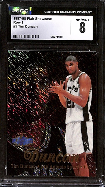 1997-98 Fleer Traditions Tiffany Tim Duncan Rookie Card CGC 9 & 1997-98 Flair Showcase Row 1 Tim Duncan Rookie Card CGC 8