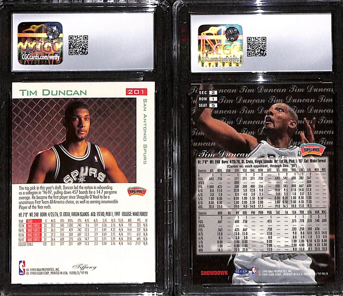 1997-98 Fleer Traditions Tiffany Tim Duncan Rookie Card CGC 9 & 1997-98 Flair Showcase Row 1 Tim Duncan Rookie Card CGC 8