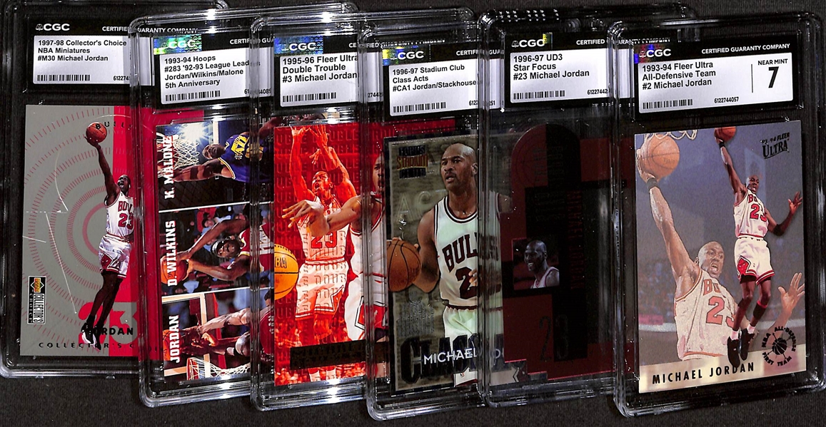 Lot of (6) 1993-98 CGC Graded Michael Jordan Basketball Cards w. 1993-94 Fleer Ultra All-Defensive Team #2 CGC 7